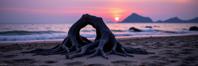 photograph, Libyan beach and roots, fine artistic composition, landscape of a dark violet Elder scrolls and Holistic Hong Konger Ancient stone circle
