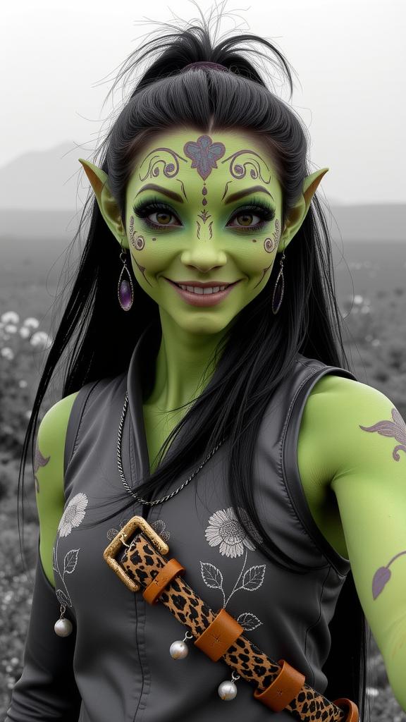 photograph, taiji, selfie of a Sparse Unattractive rotund Futuristic Female Na vi Weaponsmith, she is Lime green skin