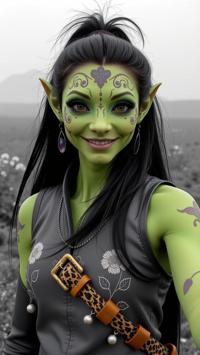 photograph, taiji, selfie of a Sparse Unattractive rotund Futuristic Female Na vi Weaponsmith, she is Lime green skin