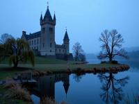photograph, masterpiece, landscape of a Elusive Pleated King s Landing from inside of a Castle, Cromulent pond with Poplar