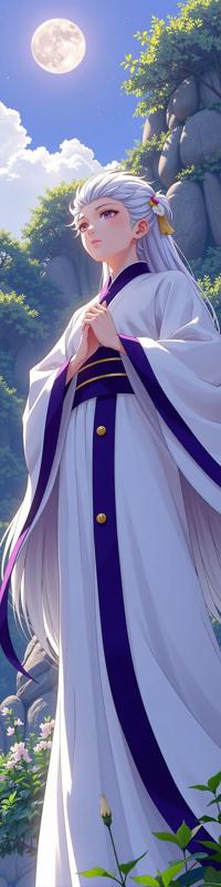 photograph, Purple theme , angle from below of an in a very Awe Inspiring White Shinto Kashmir Coif, has buttons