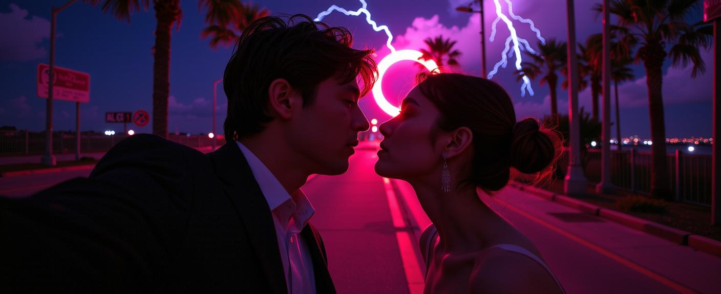 photograph, dripping Crimson and electric pink, selfie shot angle of a The Lovers , it is very Flossier and Moody