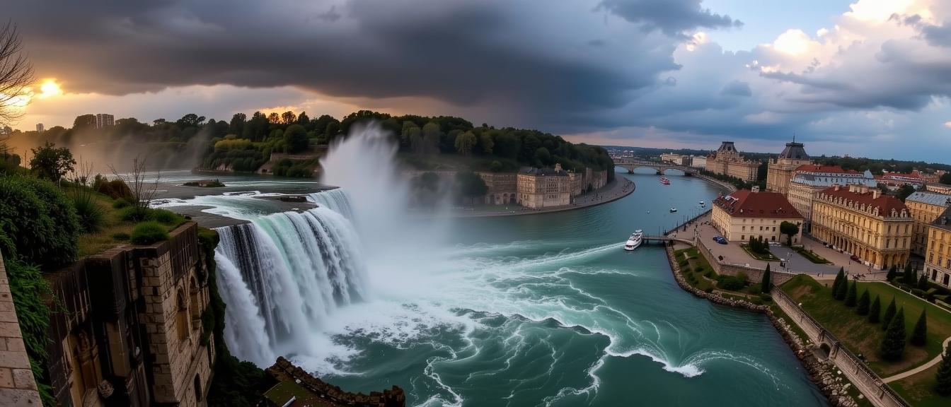 art by William Klein and TJ Drysdale and Lena Alexander and Dan Witz , photograph, insane details, Aerial View of a Venetian Waterfall