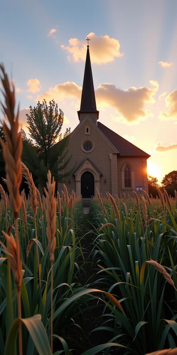 photograph, Golden ratio, professionally shot of a Magnificent Atmospheric The Church of Love , dense grass and reeds
