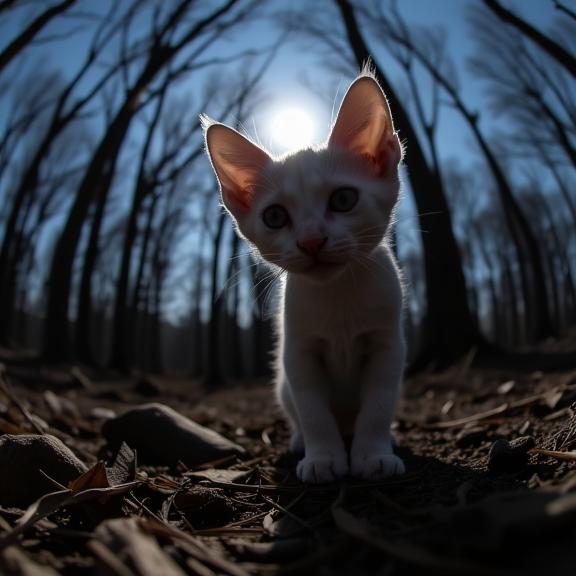 photograph, desolate woods and Solar eclipse in background, ethereal magical atmosphere, low angle shot of a Devon Rex Kitten