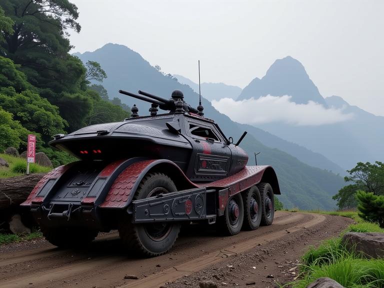 designed by Mark Steinmetz and Sacha Goldberger , photograph, intricate background, side view shot of a Mind Bending Ethereal Song Dynasty Armored vehicle