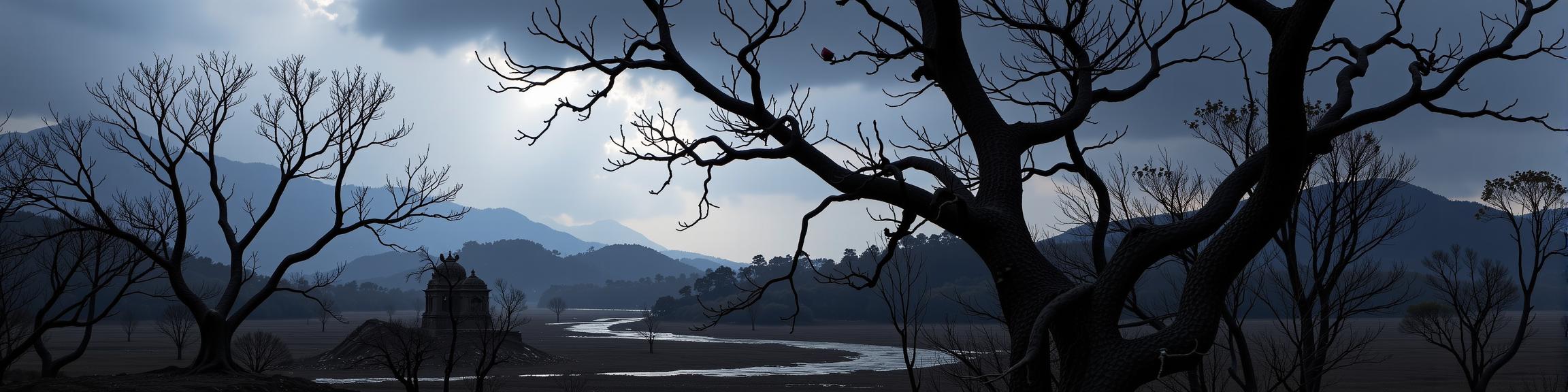 photograph, desolate trees with Rose, intricate background, landscape of a Cloudy Hard boiled Riparian Zone in the distance there is a Pashupatinath Temple