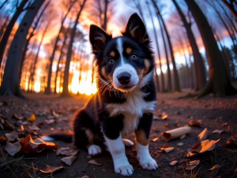 photograph, atmospheric and dreamlike compositions, modelshoot style shot of a Charming Unsightly Border Collie Puppy , detailed Heartwarming background