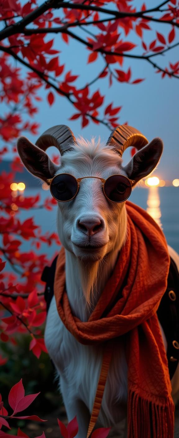 stylized by Brandon Woelfel , photograph, hyper detailed, full shot of a Daring Wanderlust Goat with Crimson accessories