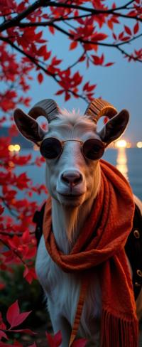 stylized by Brandon Woelfel , photograph, hyper detailed, full shot of a Daring Wanderlust Goat with Crimson accessories