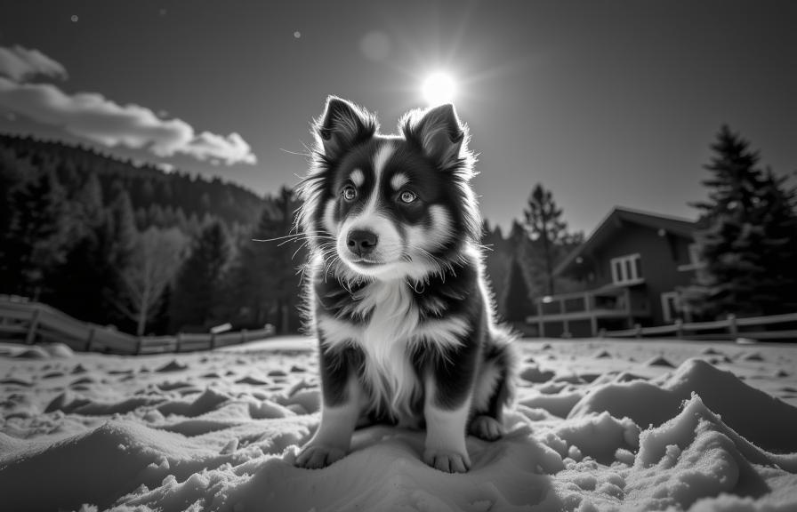 photograph, Rule of Thirds, top down view of a Supernatural Encapsulated Shetland Sheepdog Puppy , background is Nervous Chalet