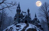 photograph, Golden ratio, shoulder level shot of a Magical Flirty dark violet American Castle , it is with dark yellow adornments