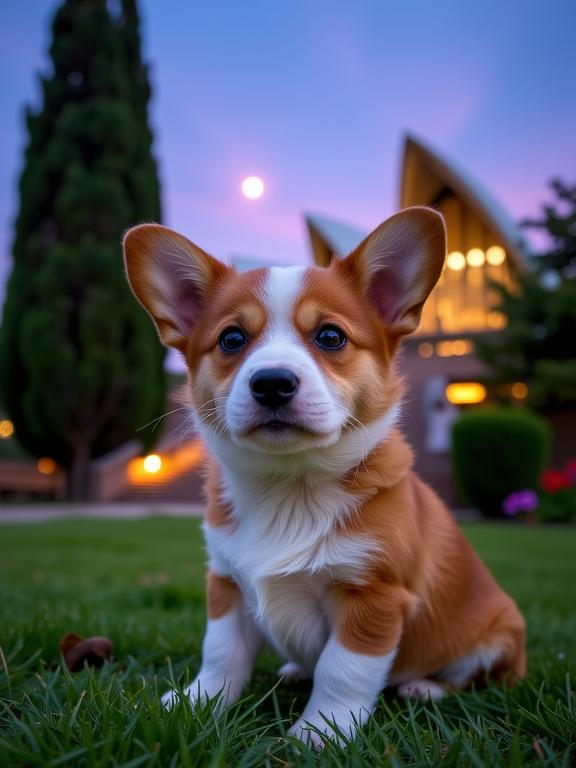 photograph, best quality, close up shot of a Eclectic Chibi Pembroke Welsh Corgi Puppy , Seraphic Sydney Opera House in background