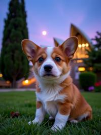 photograph, best quality, close up shot of a Eclectic Chibi Pembroke Welsh Corgi Puppy , Seraphic Sydney Opera House in background