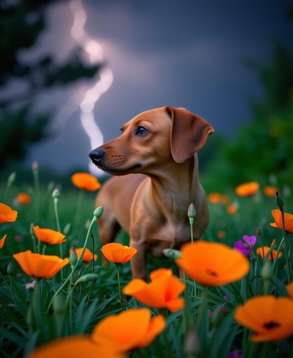 photograph, fluorescent orange garden with Poppies, award winning, side profile of a Dachshund Puppy