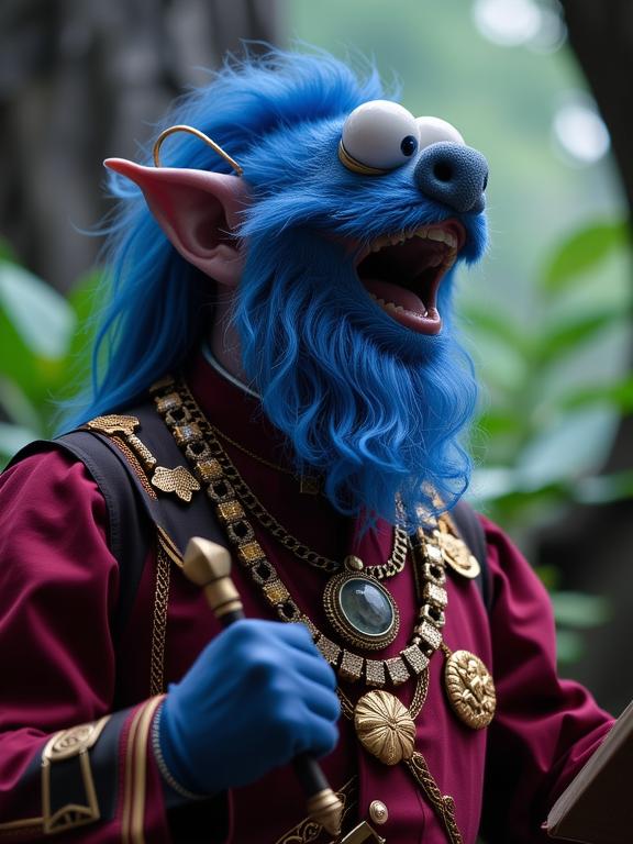 photograph, fairy tale, hip level shot of a Draconian Biomorphic athletic Slovak Grandpa , he is dressed up as Cookie Monster character