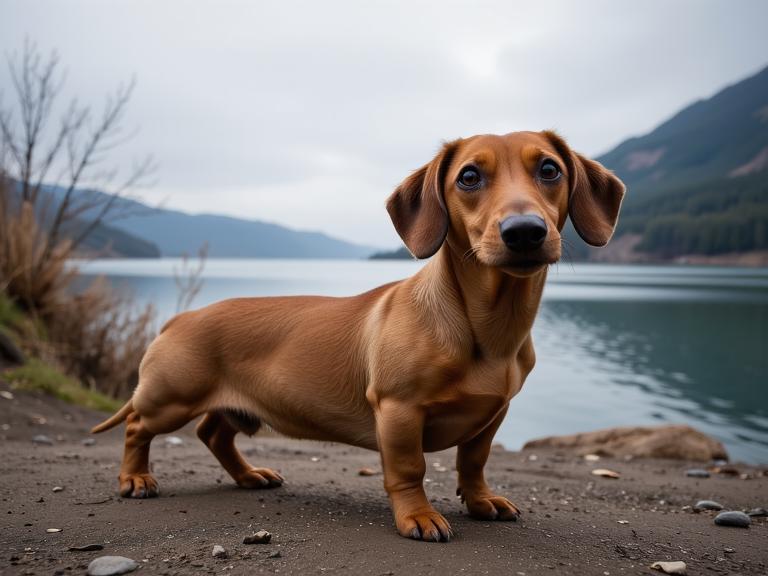 photograph, intricate details, low angle shot of a Dachshund , the Dachshund is very Awe Inspiring and Middle Aged
