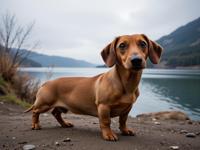 photograph, intricate details, low angle shot of a Dachshund , the Dachshund is very Awe Inspiring and Middle Aged