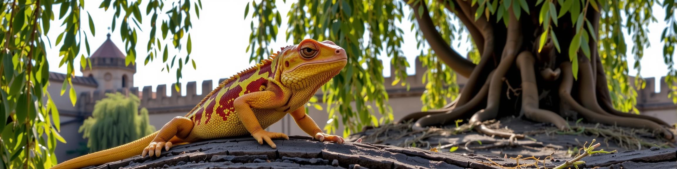 designed by Doug Aitken , photograph, best quality, upper body shot of a Elegant Mature electric yellow Karma Chameleon