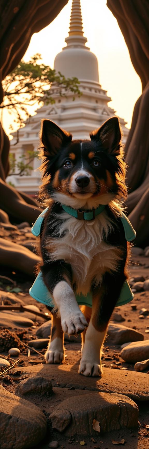 photograph, intricate background, Studio shot of a Modern European Ink Painting Deformed buff Celtic Australian Shepherd Puppy , it is Running at a Cavern