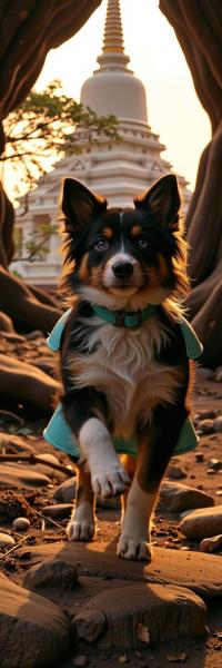 photograph, intricate background, Studio shot of a Modern European Ink Painting Deformed buff Celtic Australian Shepherd Puppy , it is Running at a Cavern