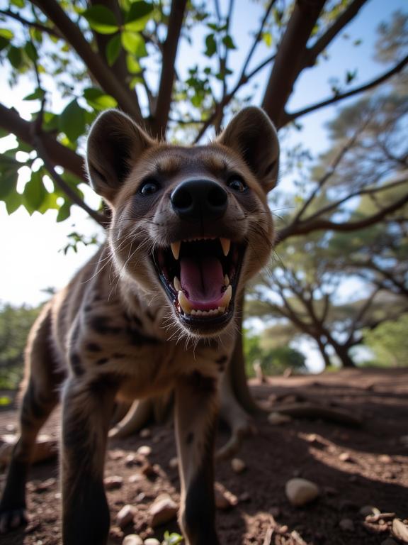 by Jonathan Wolstenholme and George Christakis , photograph, dynamic, angle from below of a good looking Gorgeous Hyena