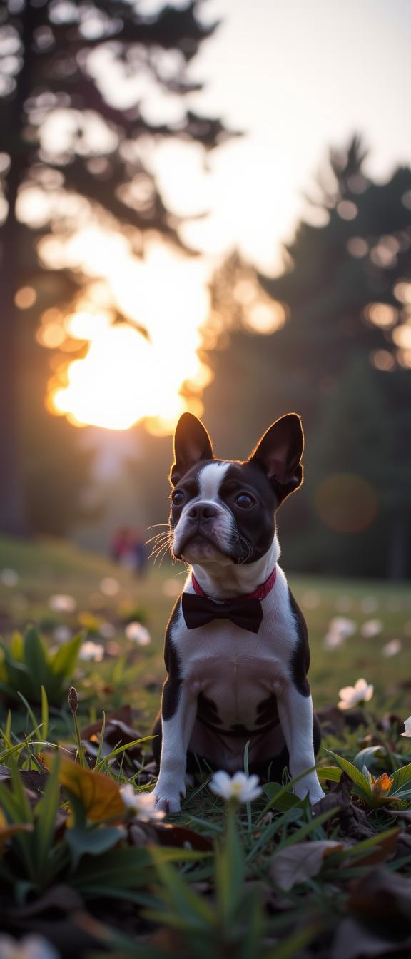 designed by Arthur Elgort , photograph, Golden ratio, over the shoulder shot of a Award Winning Formal Boston Terrier Puppy