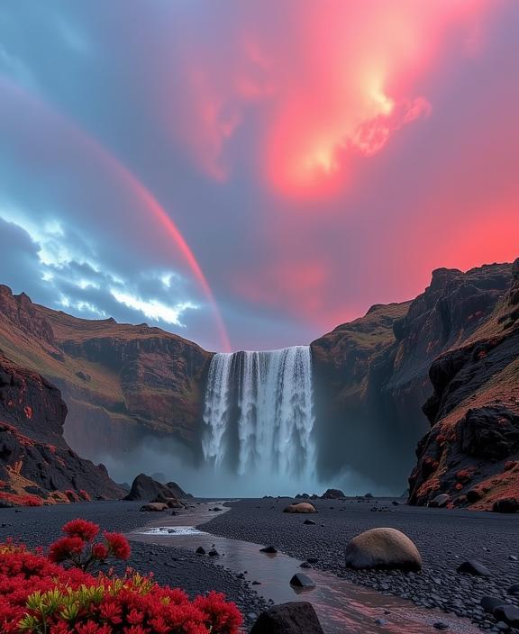 stylized by Nobuyoshi Araki and Andy Goldsworthy and Jeanloup Sieff , photograph, staged self portraits, landscape of a Coral Atoll and Glamorous Iraqi Rainbow over waterfall