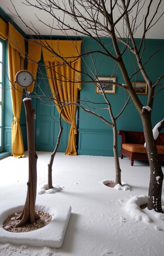 art by Philippe Halsman and Petrina Hicks and Annie Leibovitz , photograph, hyper detailed, Dutch angle shot of a Wretched Semi Abstract Mustard Yellow and Slate Gray Ash Barrens