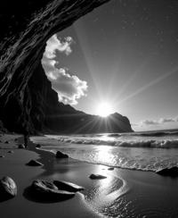 stylized by Ruth Bernhard , photograph, Angry, landscape of a Fantastical Wavy Bali in the distance there is a Subterranean cavern