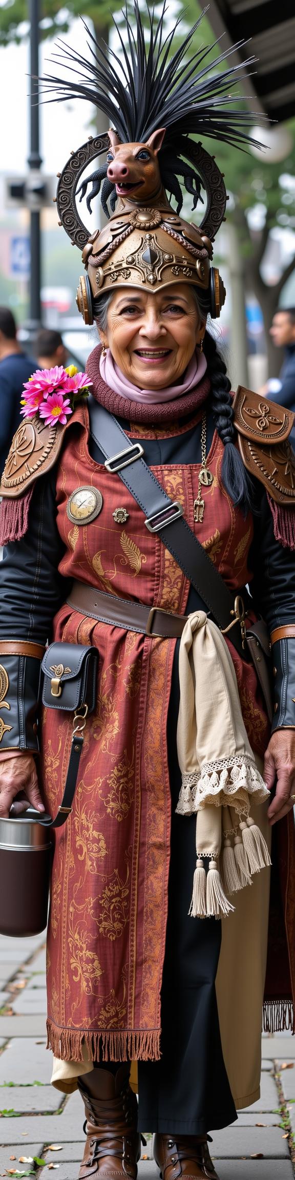 photograph, Metalcore, Golden ratio, Street level shot of a dressed in a very Hyperdetailed Rust Celtic Circuitry Helmet