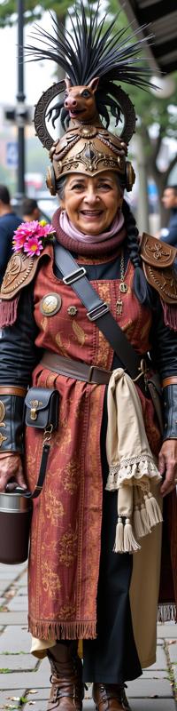 photograph, Metalcore, Golden ratio, Street level shot of a dressed in a very Hyperdetailed Rust Celtic Circuitry Helmet