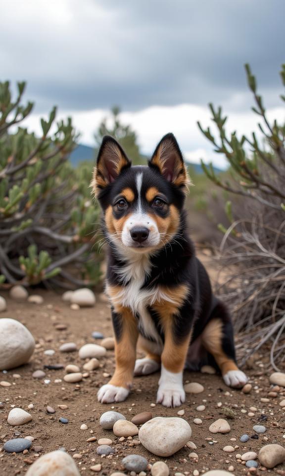 photograph, stylized, Sharp focus of a Natural Tribal Shetland Sheepdog Puppy , Greek background