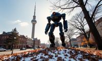 photograph, behance, angle from below of a Mecha Kindhearted Artisanal bran , it is made from dark black planet