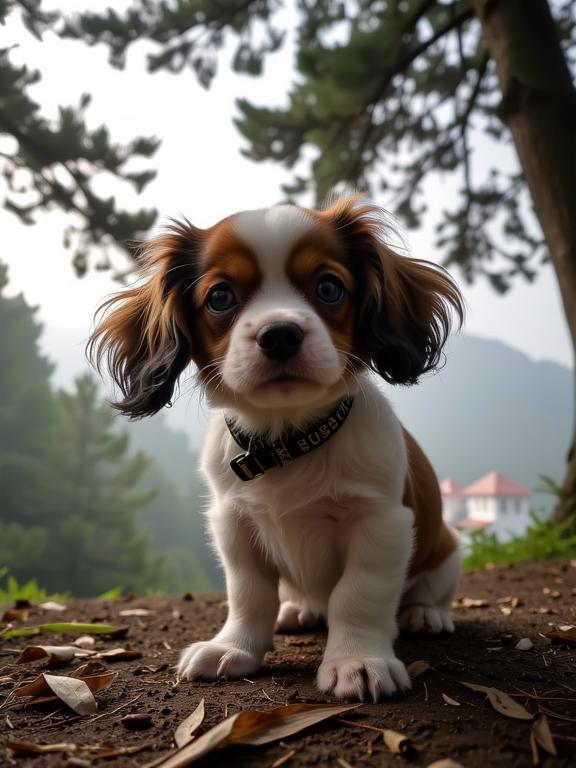 stylized by Peter Kemp , photograph, fairy tale, POV shot of a Lightcore High fashion Cavalier King Charles Spaniel Puppy