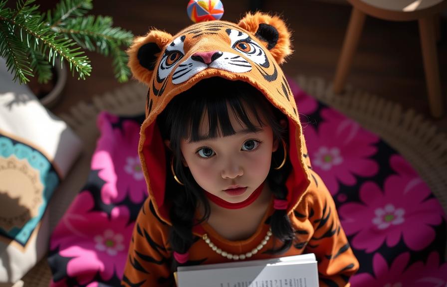 photograph, award winning, top down view of an in a very Playful tiger print Sci fi Lapidary Theatre costume, Haunted Heavenly stocky Oriental Rana