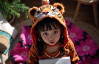 photograph, award winning, top down view of an in a very Playful tiger print Sci fi Lapidary Theatre costume, Haunted Heavenly stocky Oriental Rana