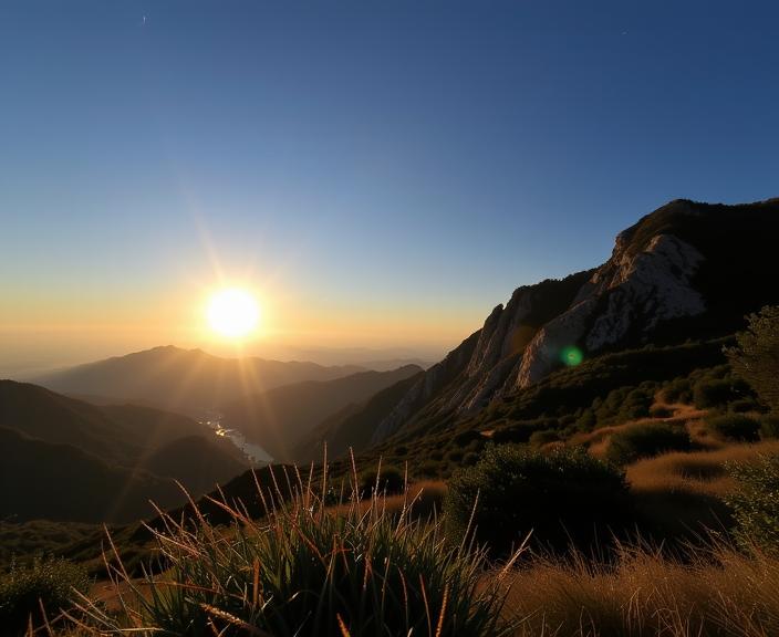 photograph, lush mountains and Solar eclipse in background, masterpiece, angle from below of a It s a hard knock life