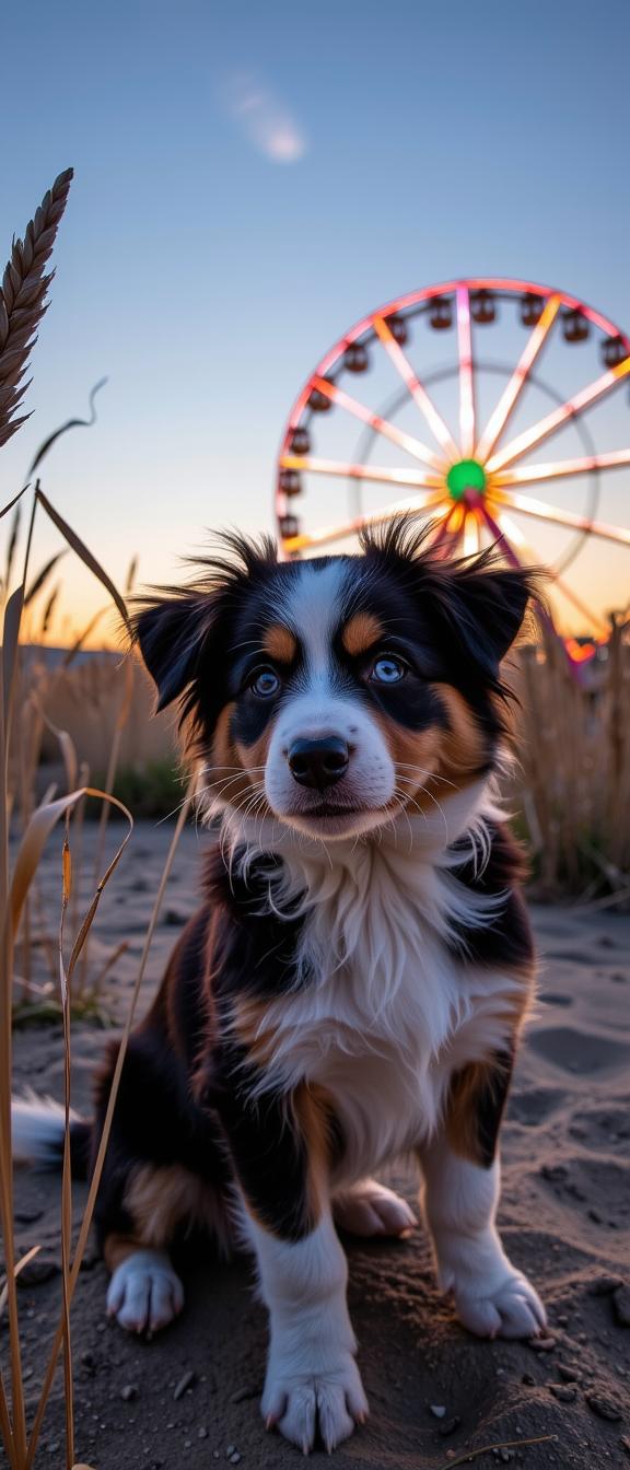 photograph, Soutache, Dutch angle shot of a Internally Glowing Provoking Australian Shepherd Puppy with Mauve details, at Skillful Ferris wheel