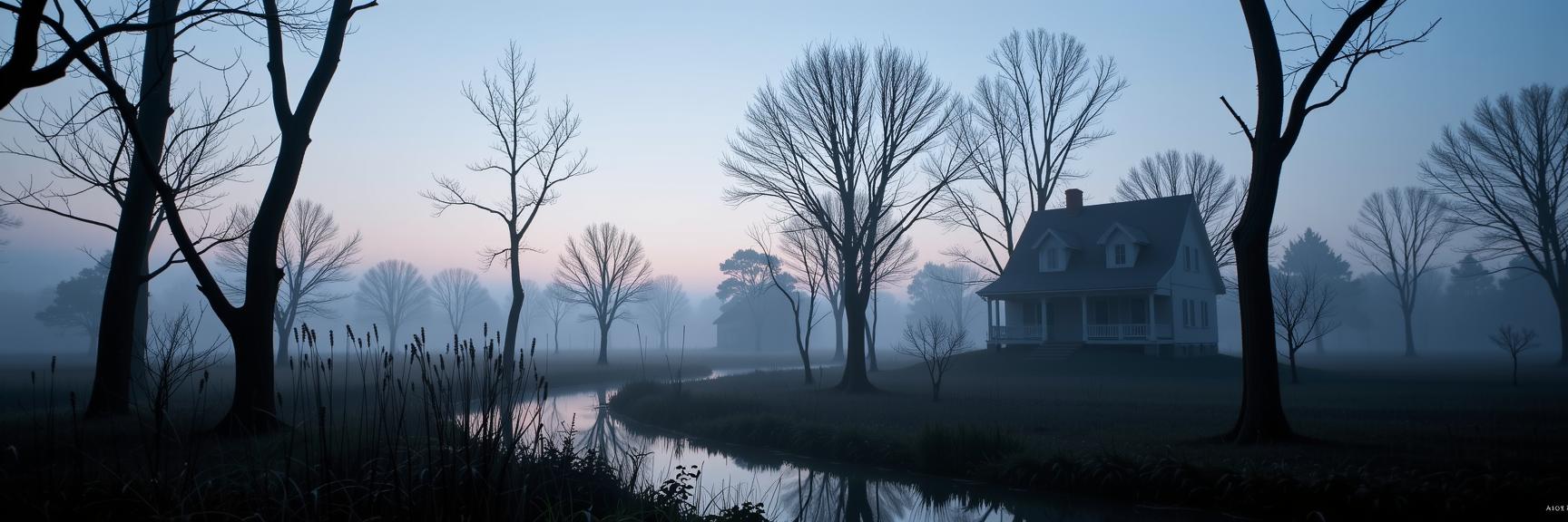 designed by Karen Knorr and Nickolas Muray and William Eggleston , photograph, concept art, landscape of a White and Charcoal Black Ghostlight Swamp in the distance there is a Dollhouse