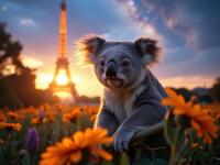 photograph, intricate background, body shot of a Shimmering Intwined Koala , in autumn landscape Fascinating The Eiffel Tower in background