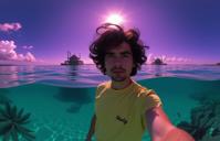 designed by Chie Yoshii and Slim Aarons , photograph, enhanced quality, selfie of a Grouchy Holy Four Months Ago