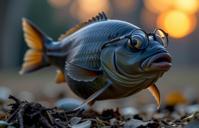 by Annie Leibovitz and Alec Soth and Daniel Jaems , photograph, Suffering, extreme wide shot of a Dark Glistening light weight European Fish with Playful parts