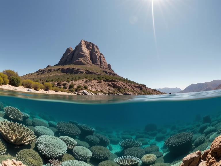 art by Clemens Ascher and Constantin Joffe and David Spriggs and Ben Goossens , photograph, masterpiece, landscape of a Entrancing Ghostly Mount Athos and Rickety South African Coral reef underwater