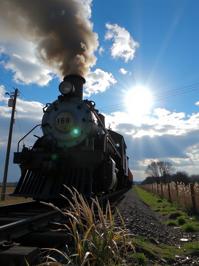 stylized by Ruth Orkin and Lena Alexander and Chie Yoshii , photograph, masterpiece, angle from below of a Brutal Sharp The completion of the first transcontinental railroad