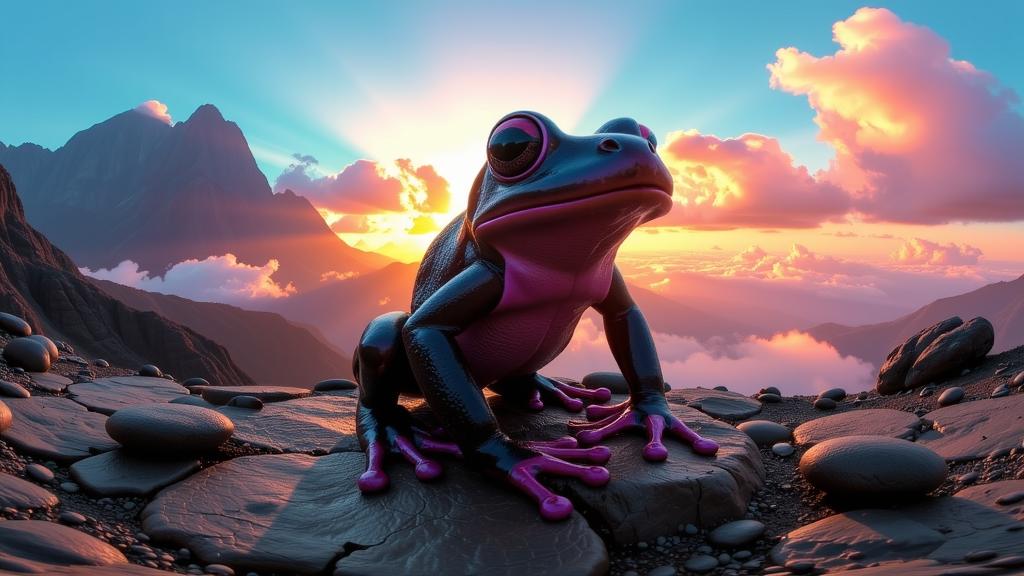 photograph, majestic, full shot of a Flawless Energizing Black and Blush Pink Frog , warm background