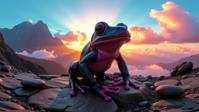 photograph, majestic, full shot of a Flawless Energizing Black and Blush Pink Frog , warm background