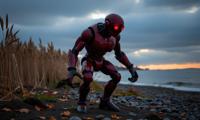 photograph, dark red theme , medium shot of a Despicable Chilled Hexplate Golem , Supernaturalist alternate dimensions in background