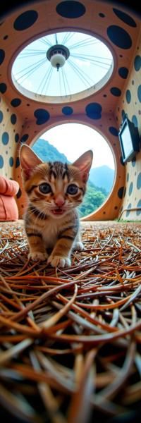 photograph, surreal and experimental storytelling, extreme wide shot of a Nervous Chibi monster Bengal Kitten , from inside of a Spotted Floating hotel