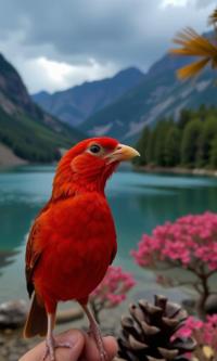 photograph, Light, profile of a Stunning Handsome Crimson Chat of Awakening , mountains and Coral reef background